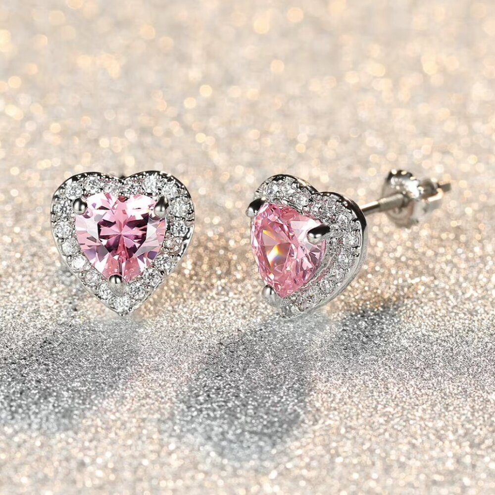 NEW 14k White Gold Pink Sapphire Diamond Earrings Heart Stud Earrings - Picture 2 of 6